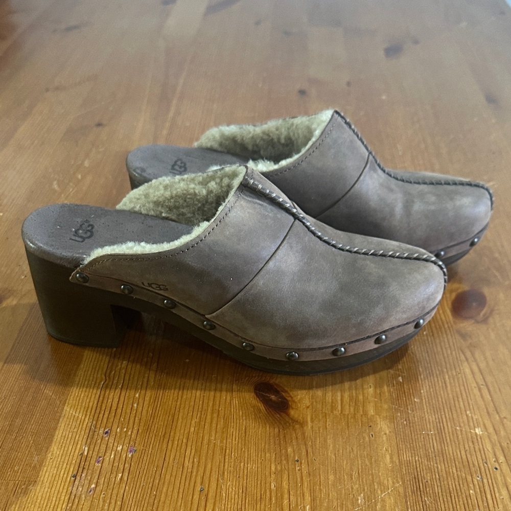 UGG Taupe Suede Shearling-Lined Clog Mules - Picture 2 of 15